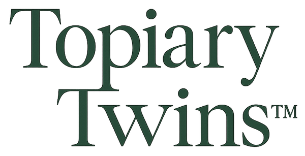 Logo of Topiary Twins with green text on a white background