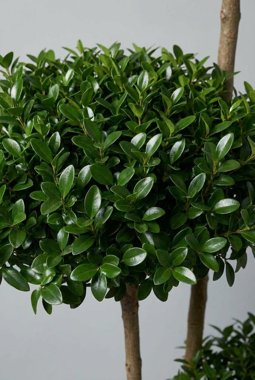 A curated pair of 130-150cm Ligustrum japonicum (Japanese privet) cloud topiary trees in black planters photographed on professional studio background, showcasing three-tier dense glossy green pom-pom topiary spheres on clean single stems in standard lollipop form, ideal for privet topiary pair searches, buy topiary trees, architectural topiary design, doorway symmetry, mirrored topiary twins, curated evergreen pairs, and sculptural living art for formal entrance design.