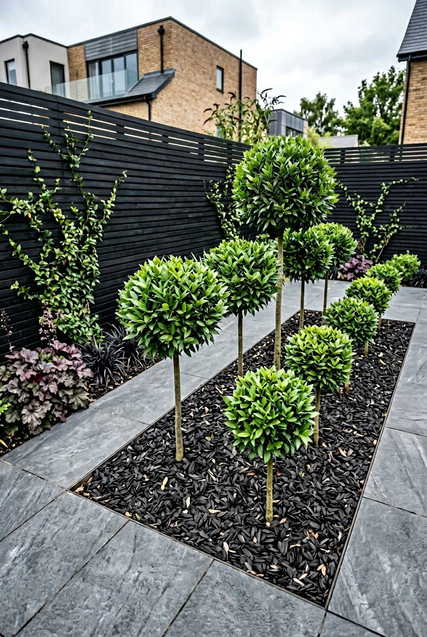 Showcase · Bay laurel lollipops at three heights in a black slate bed against dark slatted fencing