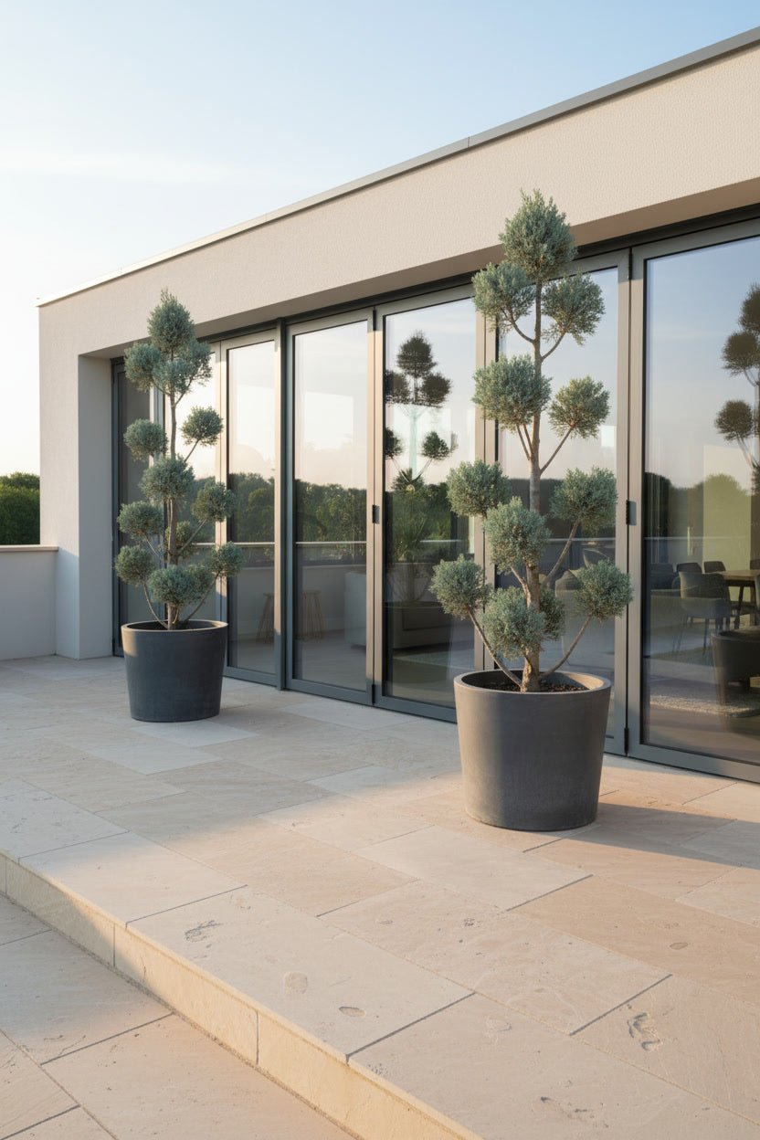 Pair of Blue Arizona pom-pom topiary trees in dark planters, symmetrically placed on a raised terrace in front of large glass doors, creating a modern architectural doorway setting.