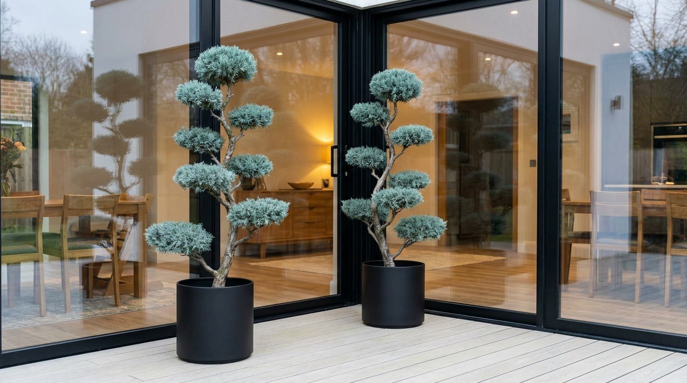A pair of Cupressus arizonica 'Blue Ice' cloud topiary trees in black planters flank contemporary sliding glass doors, showcasing distinctive blue-grey foliage with bonsai topiary styling for modern architectural garden design and doorway symmetry.