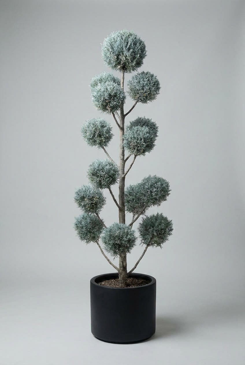 A hand-shaped blue cypress pom-pom topiary tree with layered spherical foliage, showcasing sculptural evergreen form ideal for doorway plants, architectural gardens, and curated symmetry.