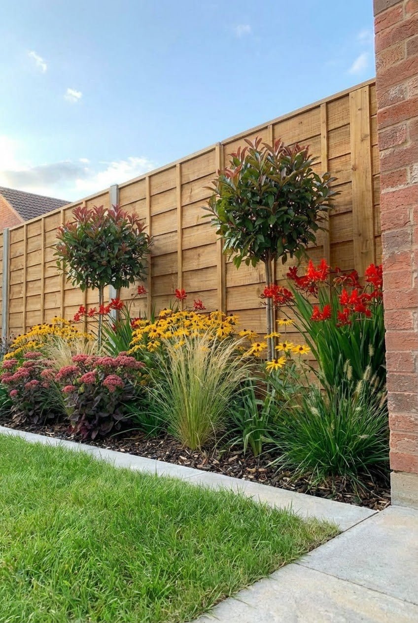 Showcase · Red Robin lollipops over rudbeckia, sedum and stipa along a larchlap fence
