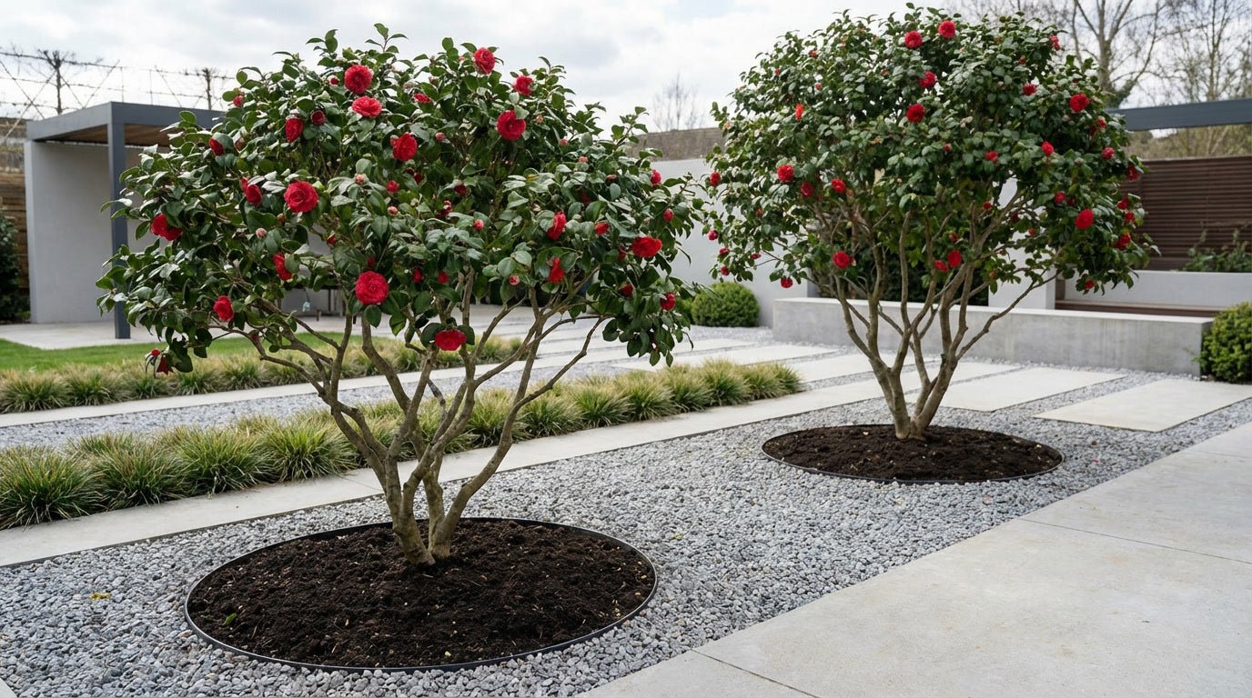 A pair of multi-stem Camellia japonica topiary balls with red flowers positioned symmetrically in a contemporary landscaped garden with concrete slabs and gravel, showcasing sculptural evergreens for architectural garden design.