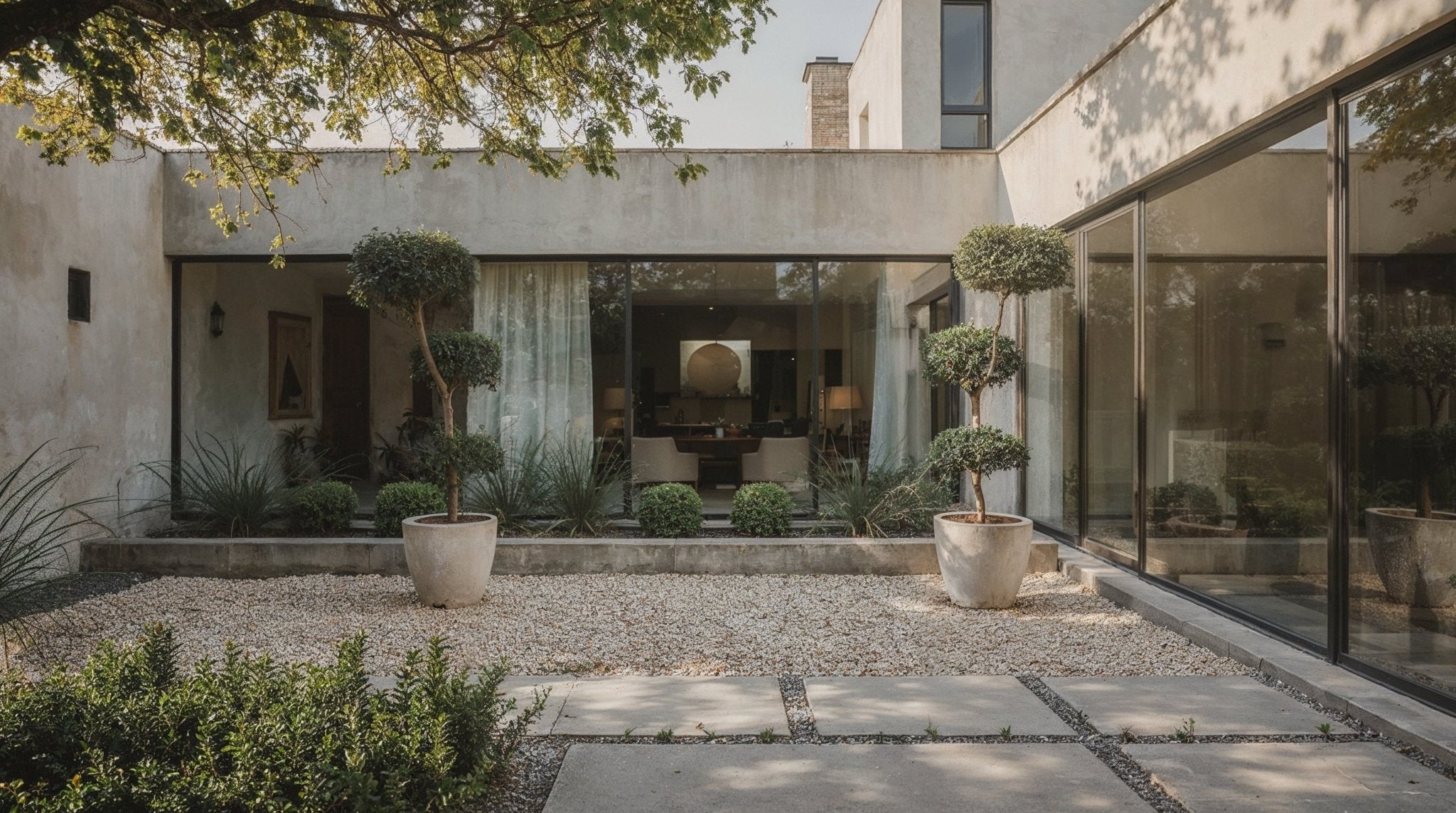 Cloud-pruned topiary trees in large stone planters set within a private modern courtyard, framed by gravel paths, low greenery, and full-height glass walls that create a calm, architectural garden atmosphere.