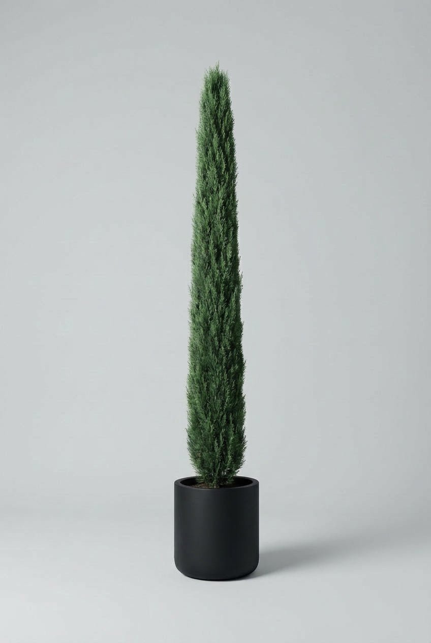 Cupressus sempervirens totem topiary tree with a tall, narrow evergreen form, presented in a matte black pot and photographed against a clean light grey studio background.
