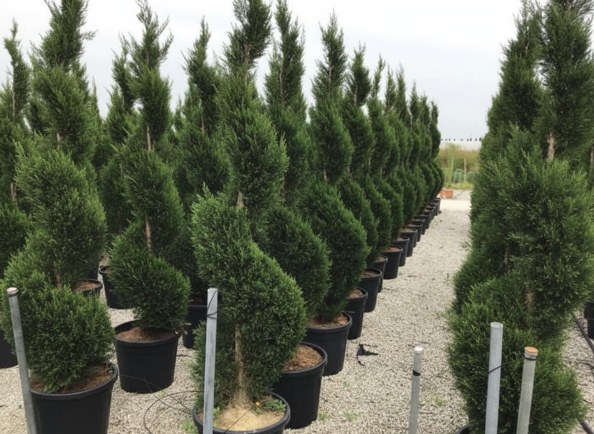 Extensive rows of Cupressus leylandii spiral topiary in a commercial nursery, showcasing dense evergreen foliage with twisted spiral topiary pair forms, demonstrating wholesale buy topiary trees for architectural garden design and formal entrance symmetry with fast-growing sculptural evergreens.