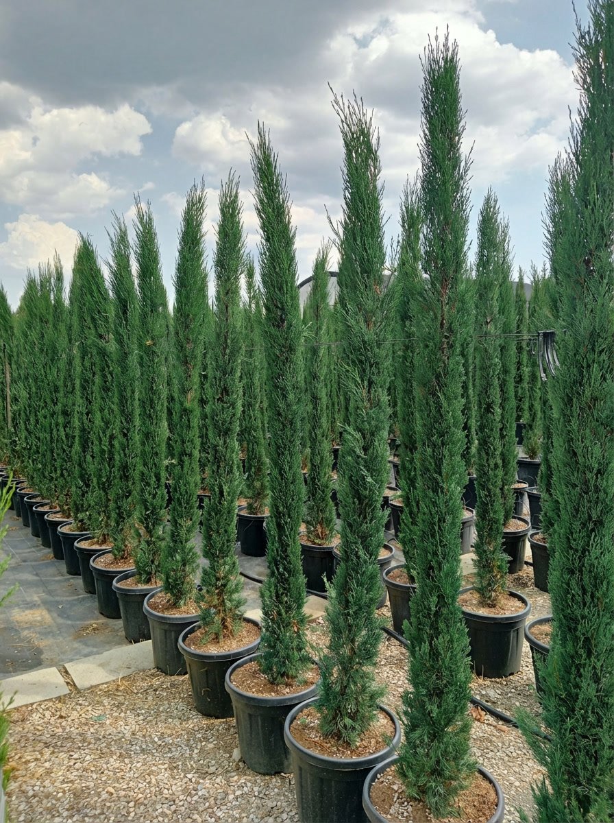 Rows of 200cm Cupressus sempervirens 'Stricta' pencil topiary in a nursery, showcasing narrow pyramidal topiary pair forms ideal for formal entrances, demonstrating Italian cypress topiary trees for architectural garden design and symmetrical evergreens.