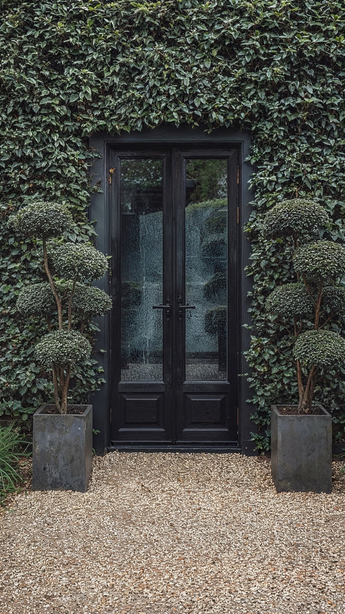 A pair of tiered cloud-form Delavay Privet topiary trees positioned beside a black ivy-clad doorway, adding sculptural evergreen structure to the entrance.