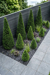 Showcase · Clipped cones at staggered heights along a black fence, planted through slate chippings