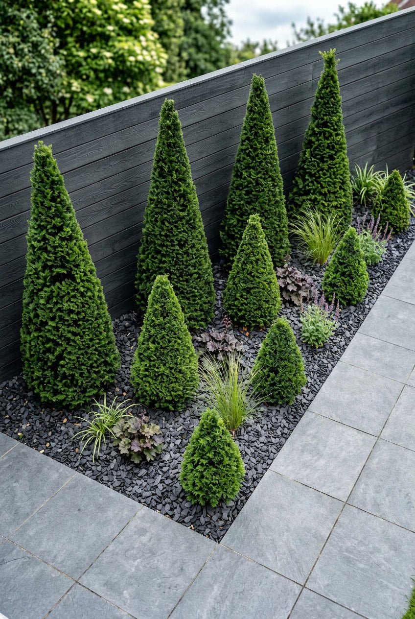 Showcase · Clipped cones at staggered heights along a black fence, planted through slate chippings