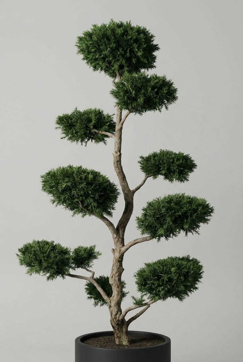 A hand-matched English yew (Taxus baccata) bonsai topiary pair, sculpted into refined cloud forms with dense evergreen foliage, presented in black pots against a neutral studio background for formal garden entrances.