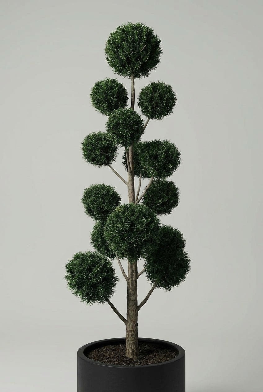 An English yew (Taxus baccata) pom-pom topiary tree pair with clipped evergreen spheres, designed for formal garden structure, classic entrances, and symmetrical UK planting schemes.