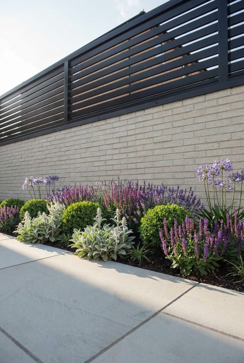 Showcase · Clipped evergreen balls, lavender, salvia and lamb's ears running along a pale brick wall