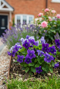 Foliage Close Up · Sweet violets massed in a small edged bed, roses and lavender rising behind them