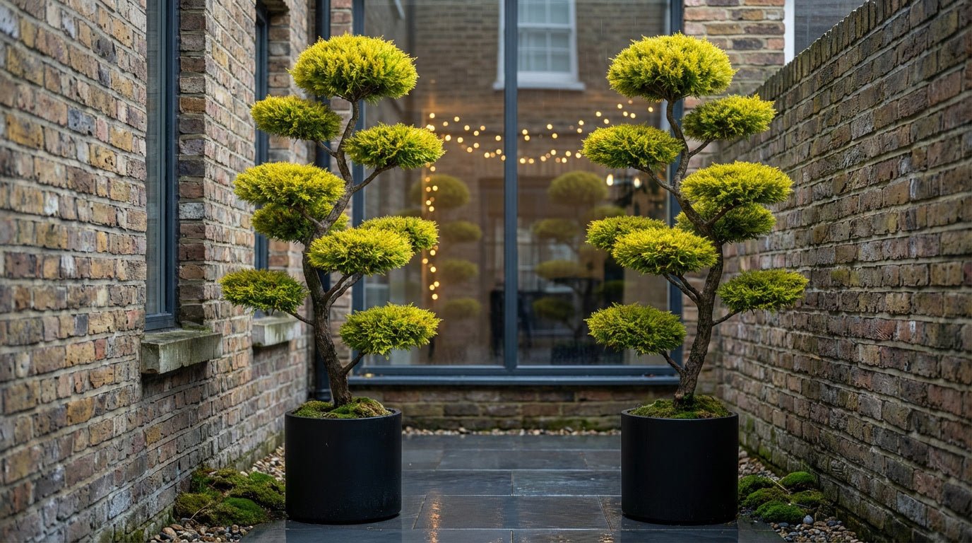 A pair of Cupressus macrocarpa 'Goldcrest' cloud topiary trees in black planters create dramatic doorway symmetry in a narrow London courtyard, showcasing pom-pom topiary with bright yellow foliage for contemporary entrance sculpture plants.