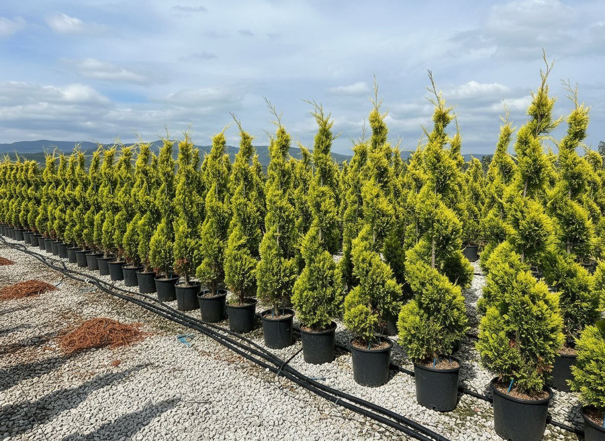 Extensive rows of Cupressus macrocarpa 'Goldcrest' spiral topiary at a commercial nursery, showcasing golden-yellow twisted forms with consistent spiral topiary pair styling, demonstrating wholesale buy topiary trees for architectural garden design and formal entrance symmetry.