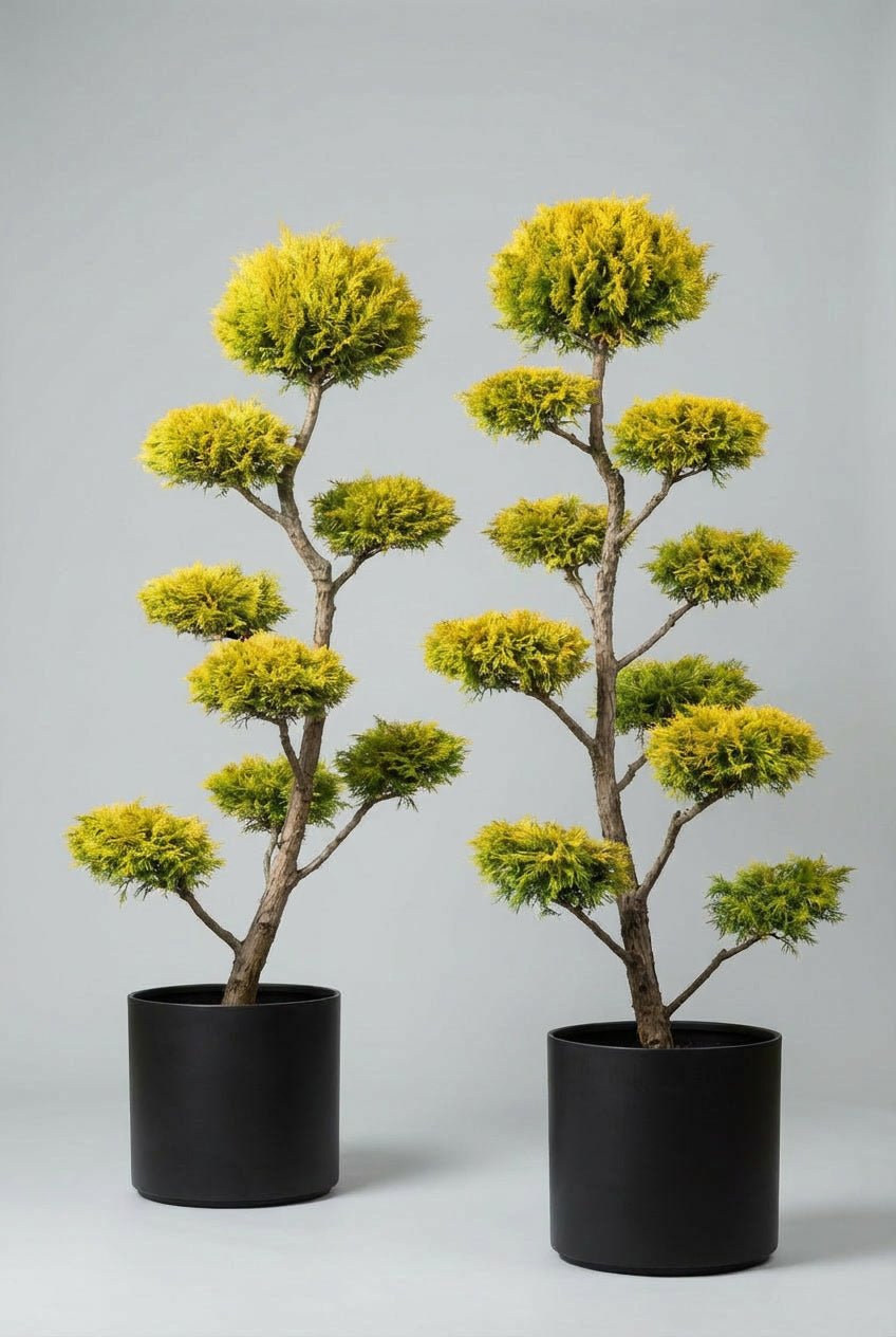 A hand-matched Gold Rider Leylandii bonsai topiary pair at 170cm, featuring vibrant yellow-gold evergreen foliage sculpted for symmetrical entranceways and modern UK gardens.