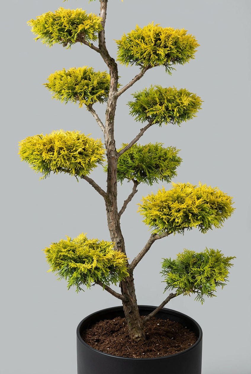 A specimen Gold Rider Leylandii bonsai topiary pair featuring vibrant yellow-green evergreen foliage, shaped for sculptural garden design and curated entrance symmetry