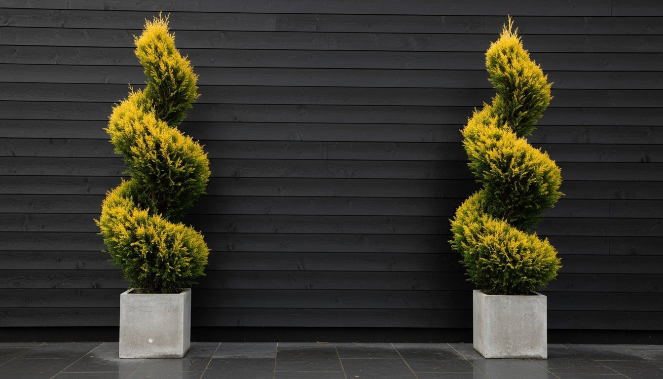 Gold Rider spiral topiary pair in square concrete planters, displayed symmetrically against a black architectural backdrop as statement evergreen doorway plants.