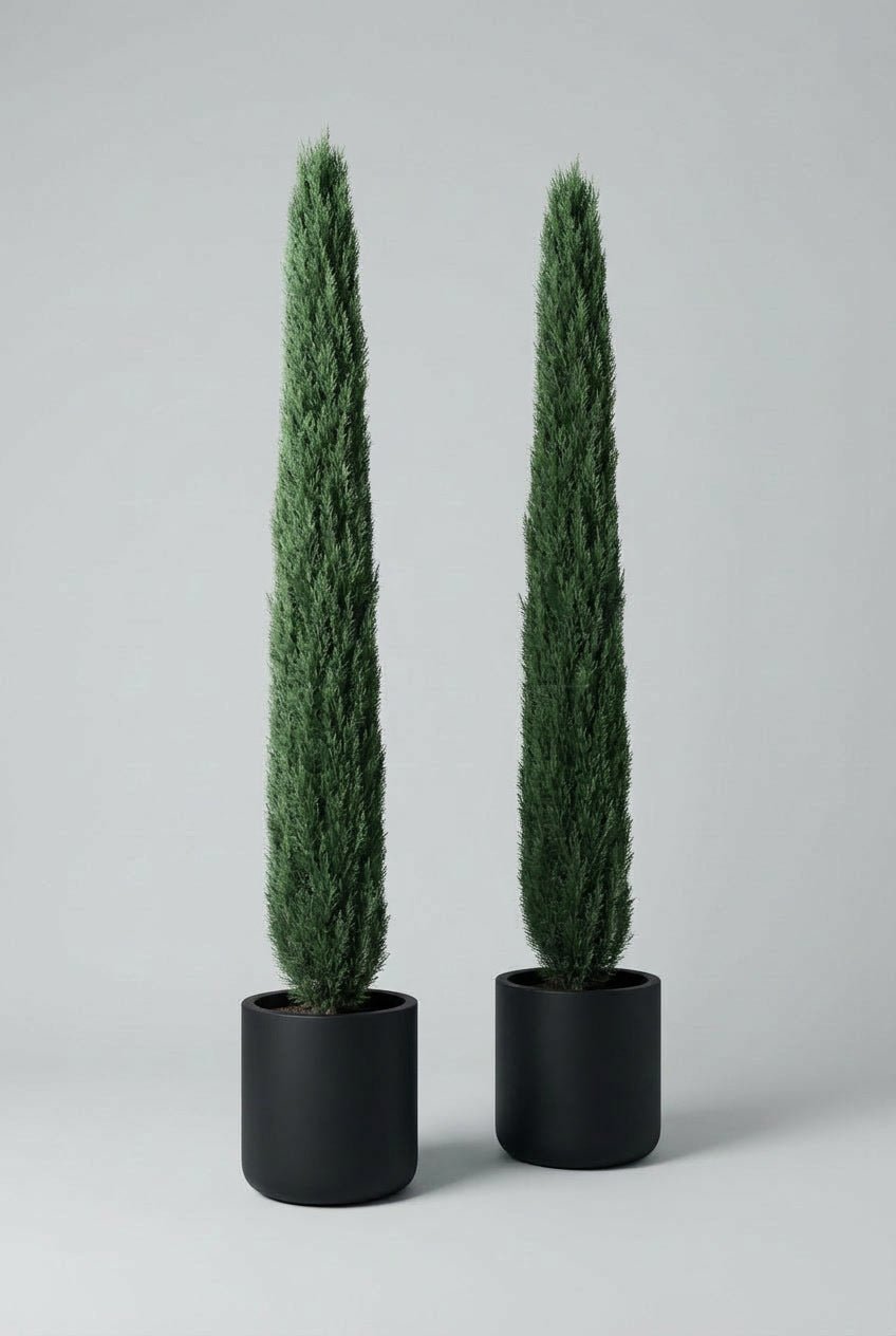 Hand-matched pair of Italian Cypress pencil topiary trees, approximately 200cm tall, with slim upright evergreen silhouettes in matte black pots, photographed against a clean light grey studio background.