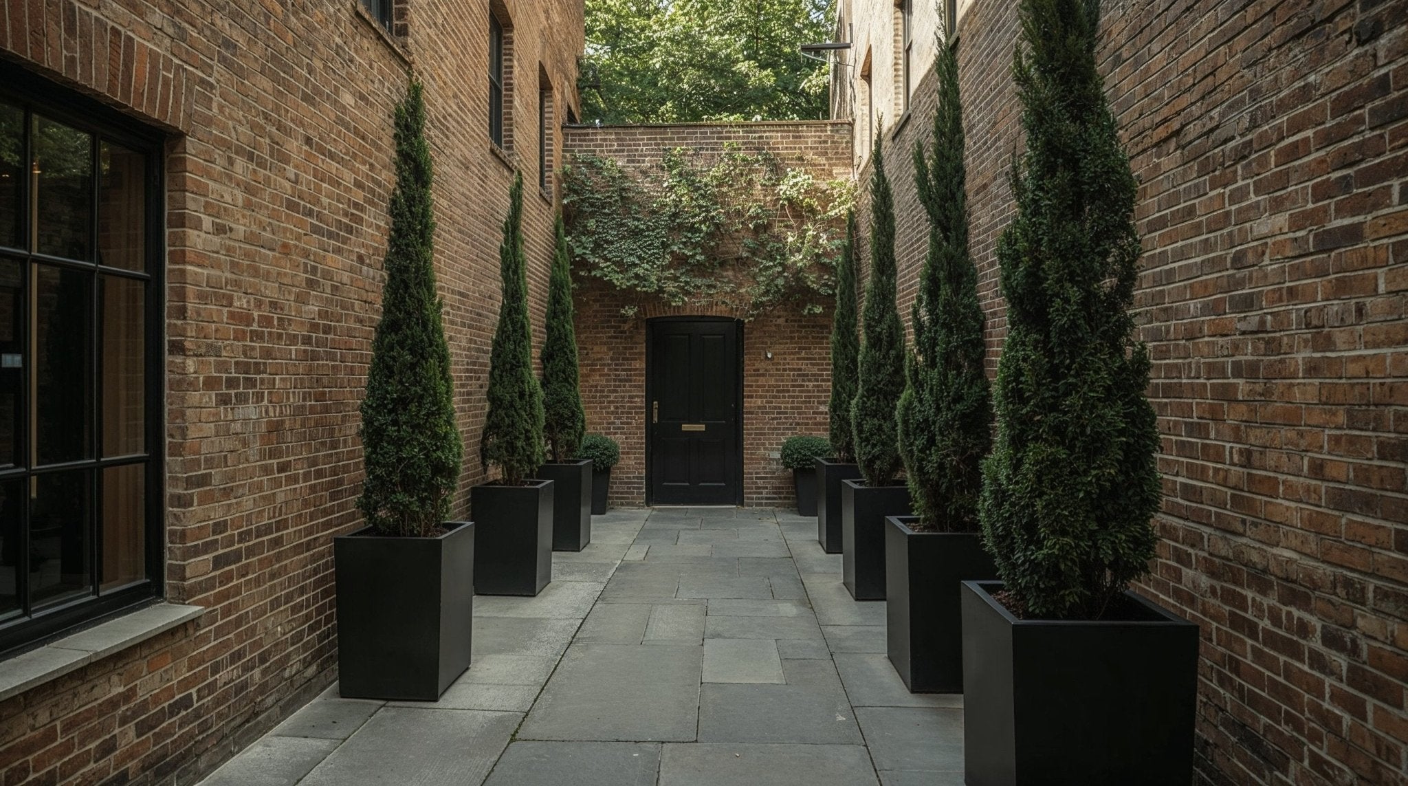 Tall Italian cypress pencil trees in black planters lining a narrow London courtyard, creating a strong architectural rhythm between brick walls and a formal entrance.