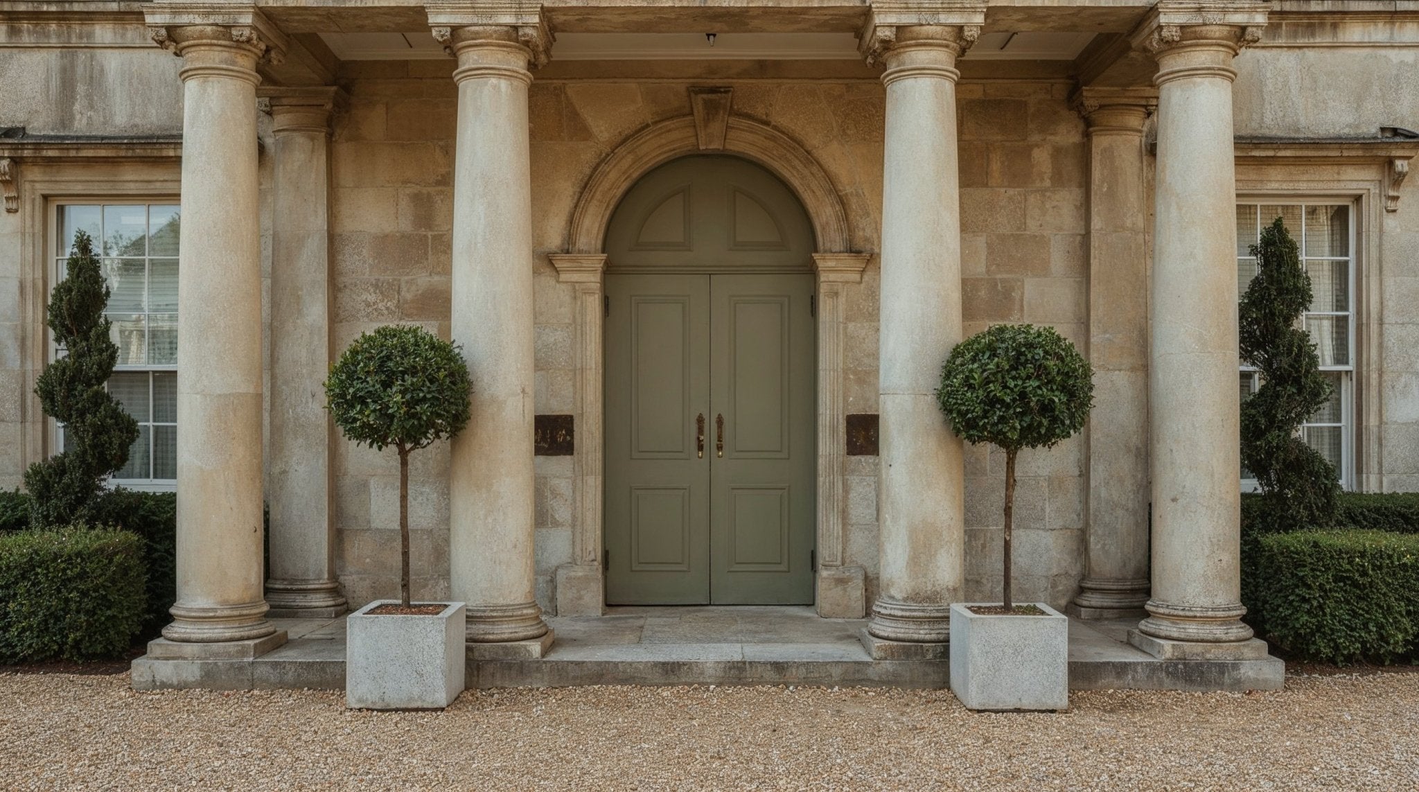 Traditional manor entrance with stone columns and a symmetrical pair of lollipop topiary trees in square planters, framing a classical doorway.