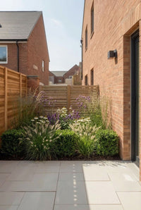 Showcase · Courtyard border of grasses, verbena and echinacea backed by clipped cubes and slatted fencing