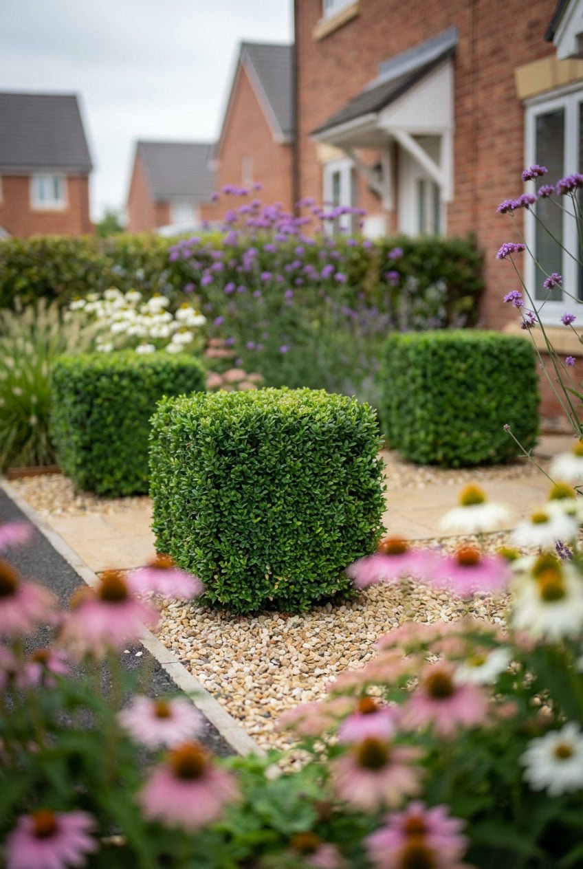 Showcase · Clipped Ilex crenata cubes set in gravel among verbena, coneflowers and grasses