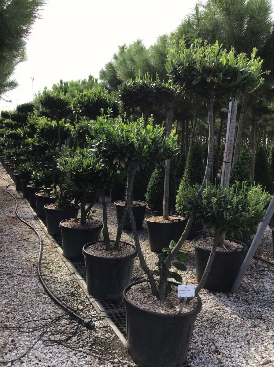 Rows of Prunus lusitanica 'Otto Luyken' cloud topiary in a nursery, showcasing Portuguese laurel with pom-pom topiary styling and multi-tier layers, demonstrating evergreen topiary plants for architectural garden design and sculptural hedging as boxwood alternatives.