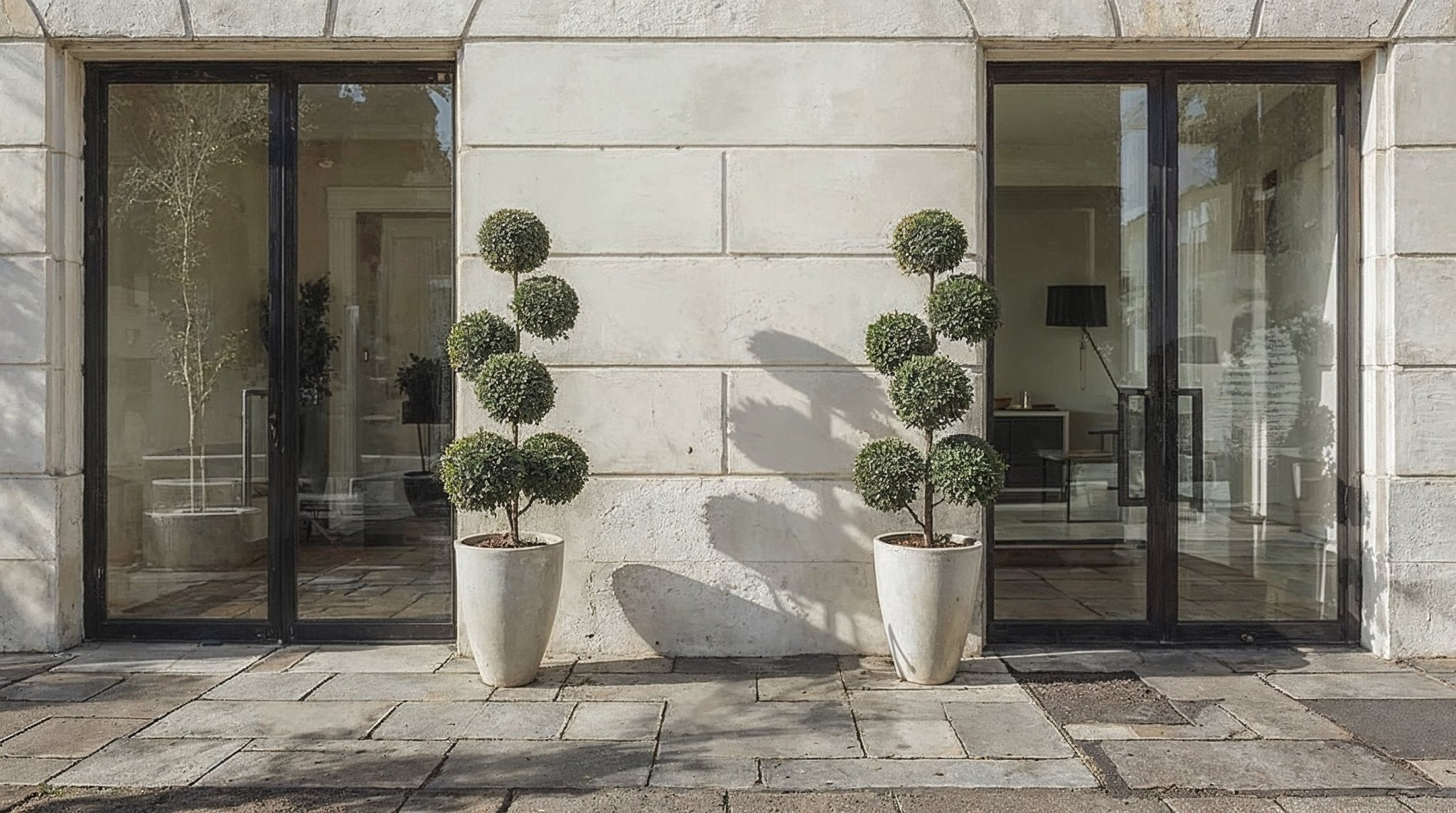 A matching pair of pom-pom topiary trees flanking a formal entrance, creating clean doorway symmetry and emphasising curated evergreen pairs.
