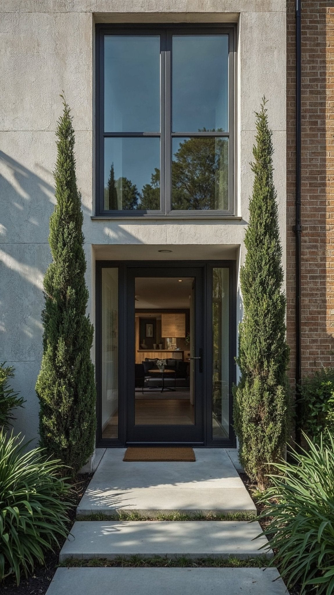 Tall pencil-form cypress trees flanking a modern glass front door, creating a clean vertical frame for a contemporary entrance with stone steps and minimalist planting.