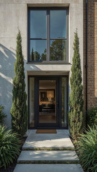 Showcase · Slim cypress columns either side of a modern glazed front door with a concrete path