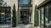 Showcase · Two narrow cypress columns frame a glazed entrance set into a pale stone facade.