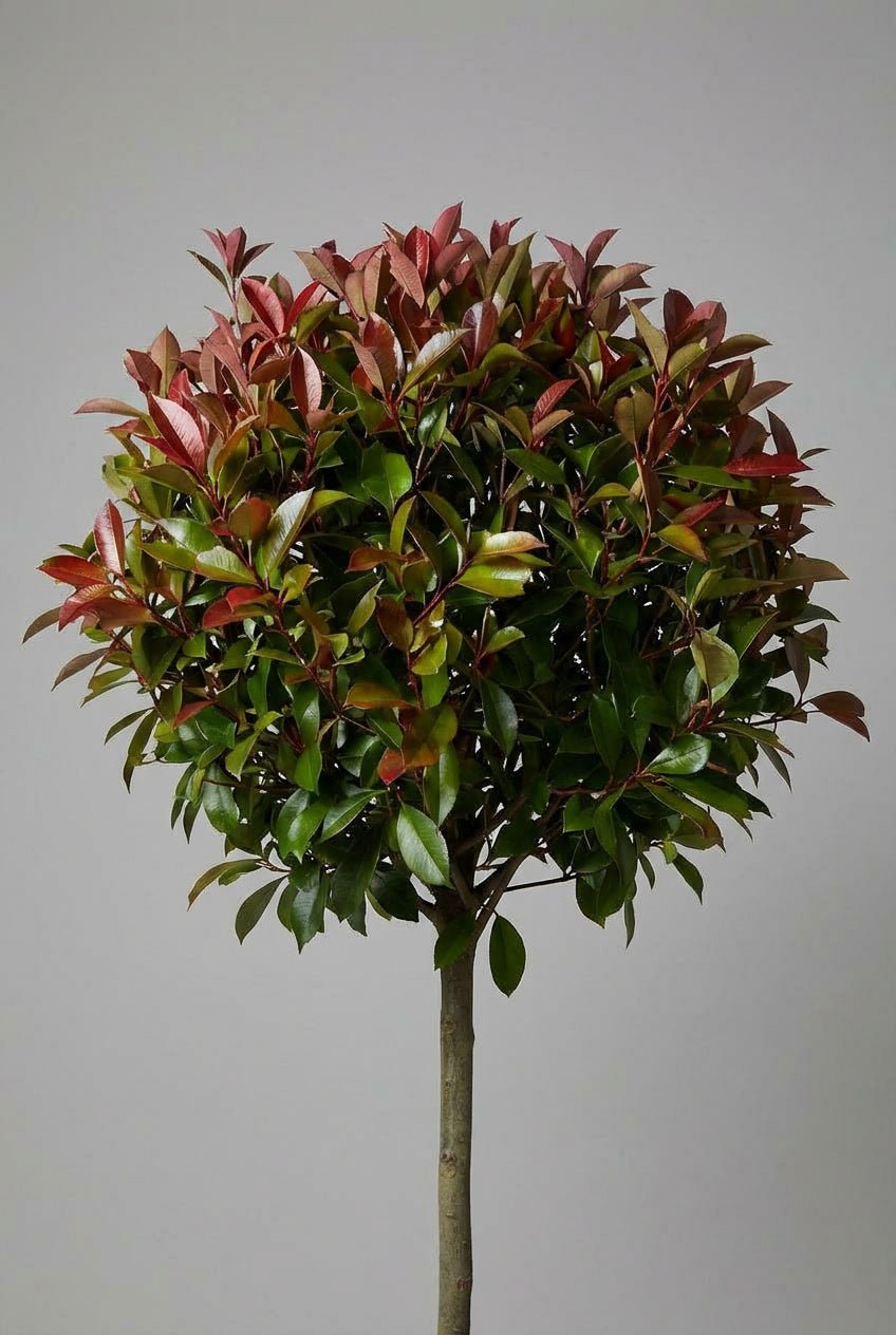 Studio photograph of a symmetrical pair of Photinia Red Robin lollipop topiary trees, each featuring a compact spherical canopy with red-tipped new growth and deep green evergreen foliage, set on slender clear stems in matte black cylindrical pots against a neutral grey background.