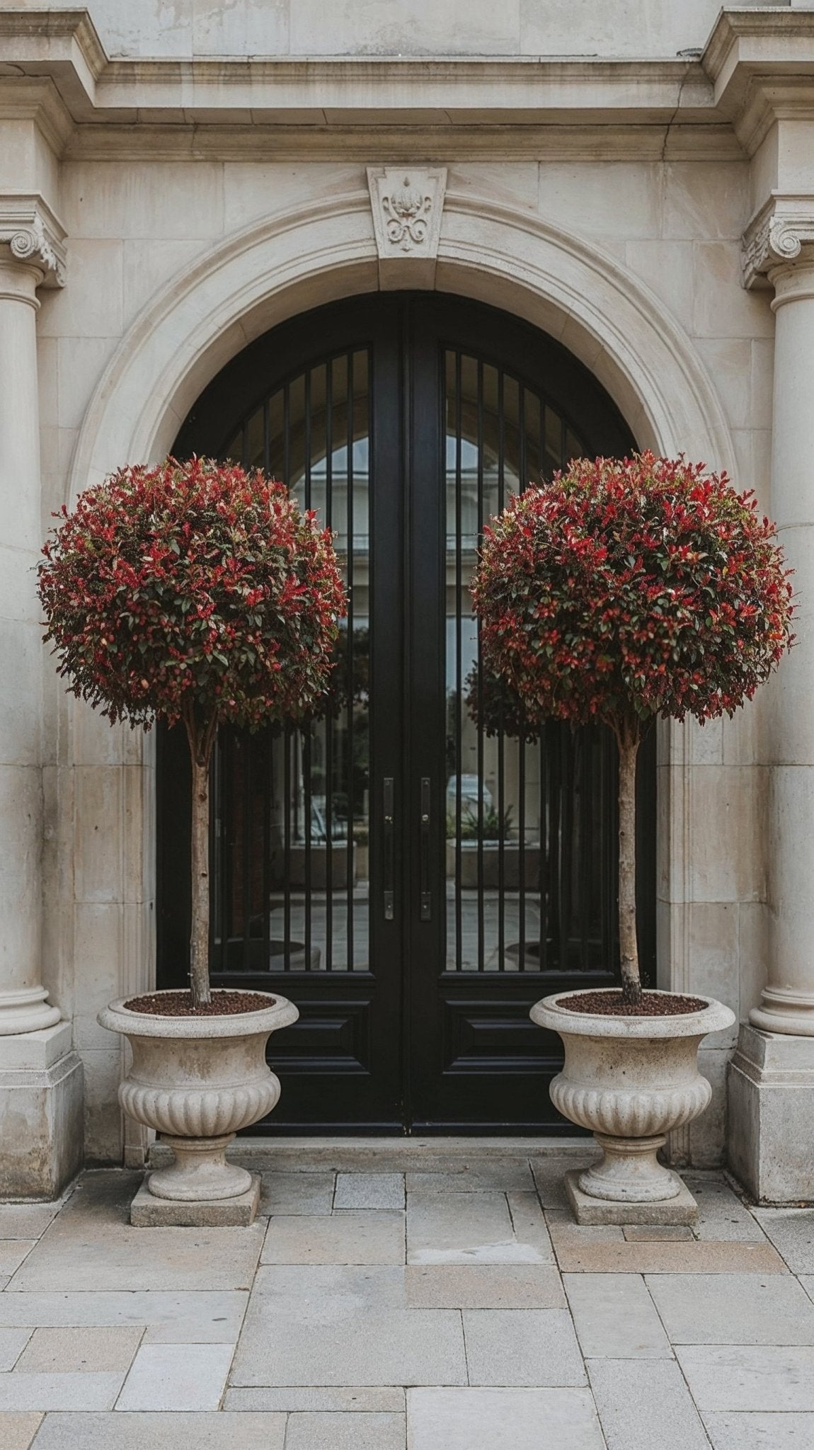 Two Red Robin lollipop topiary trees flanking a grand arched doorway, adding vibrant colour and refined symmetry to a classical entrance.
