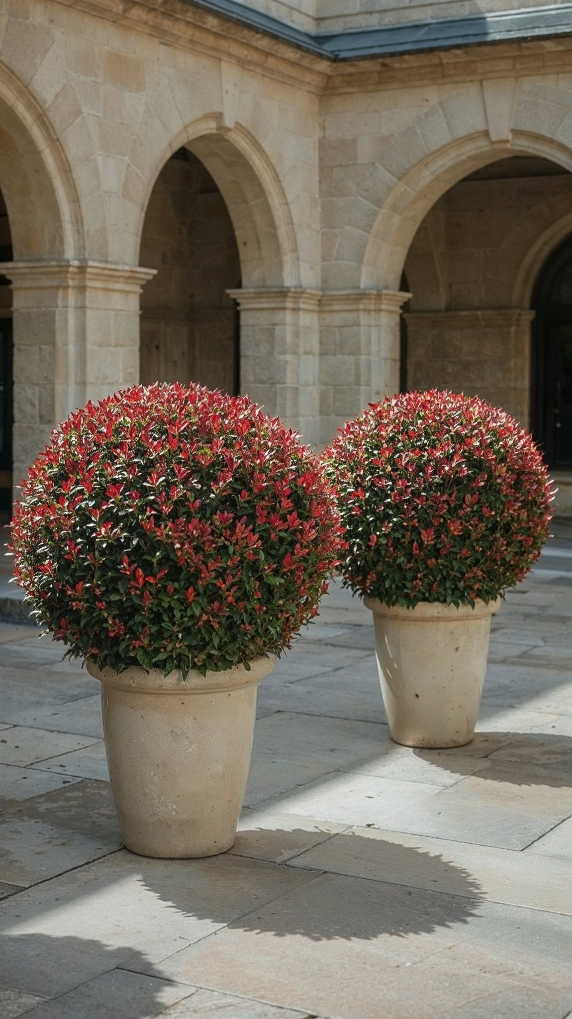 A symmetrical pair of Red Robin topiary balls in stone planters, showcasing rich red foliage and structured form within a classical courtyard setting.