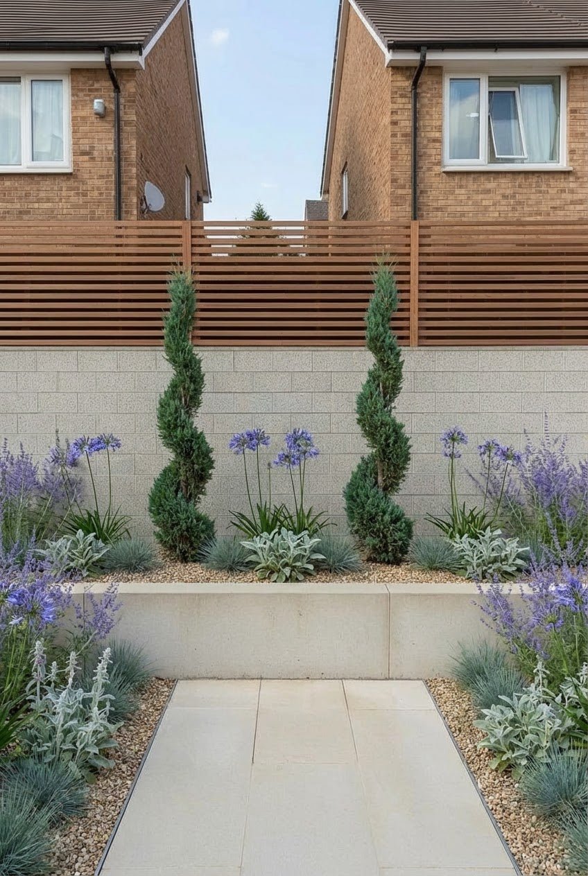 Showcase · Matched pair of blue cypress spirals against a pale block wall with agapanthus and perovskia