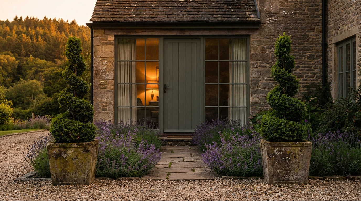 Two english yew topiary spiral trees in old stone pots eitherside of pathway leading to rural farmhouse uk