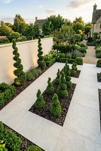 Showcase · Two tall spirals against a rendered wall, smaller spirals set into the paved terrace below