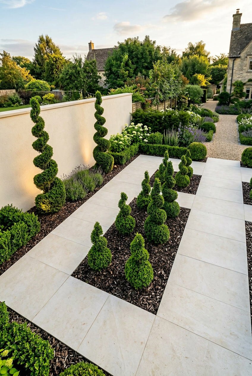 Showcase · Two tall spirals against a rendered wall, smaller spirals set into the paved terrace below
