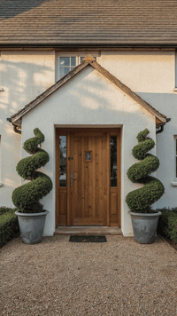 Showcase · Two yew spirals in grey pots flanking an oak cottage door under a tiled porch.