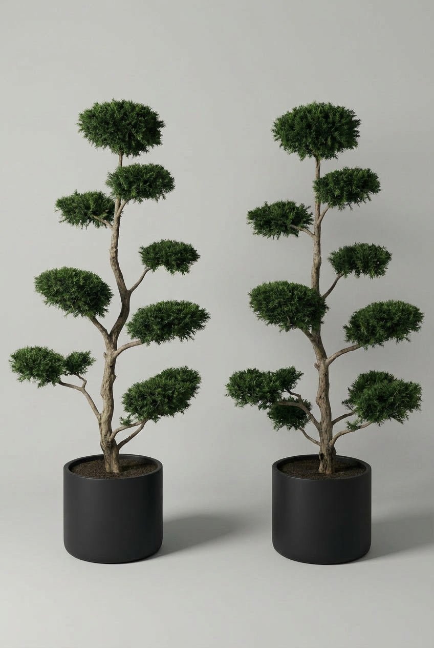 A hand-matched Taxus baccata (English yew) bonsai topiary pair at 170cm, sculpted into layered cloud forms with dense evergreen foliage, ideal for formal entrances and UK gardens.