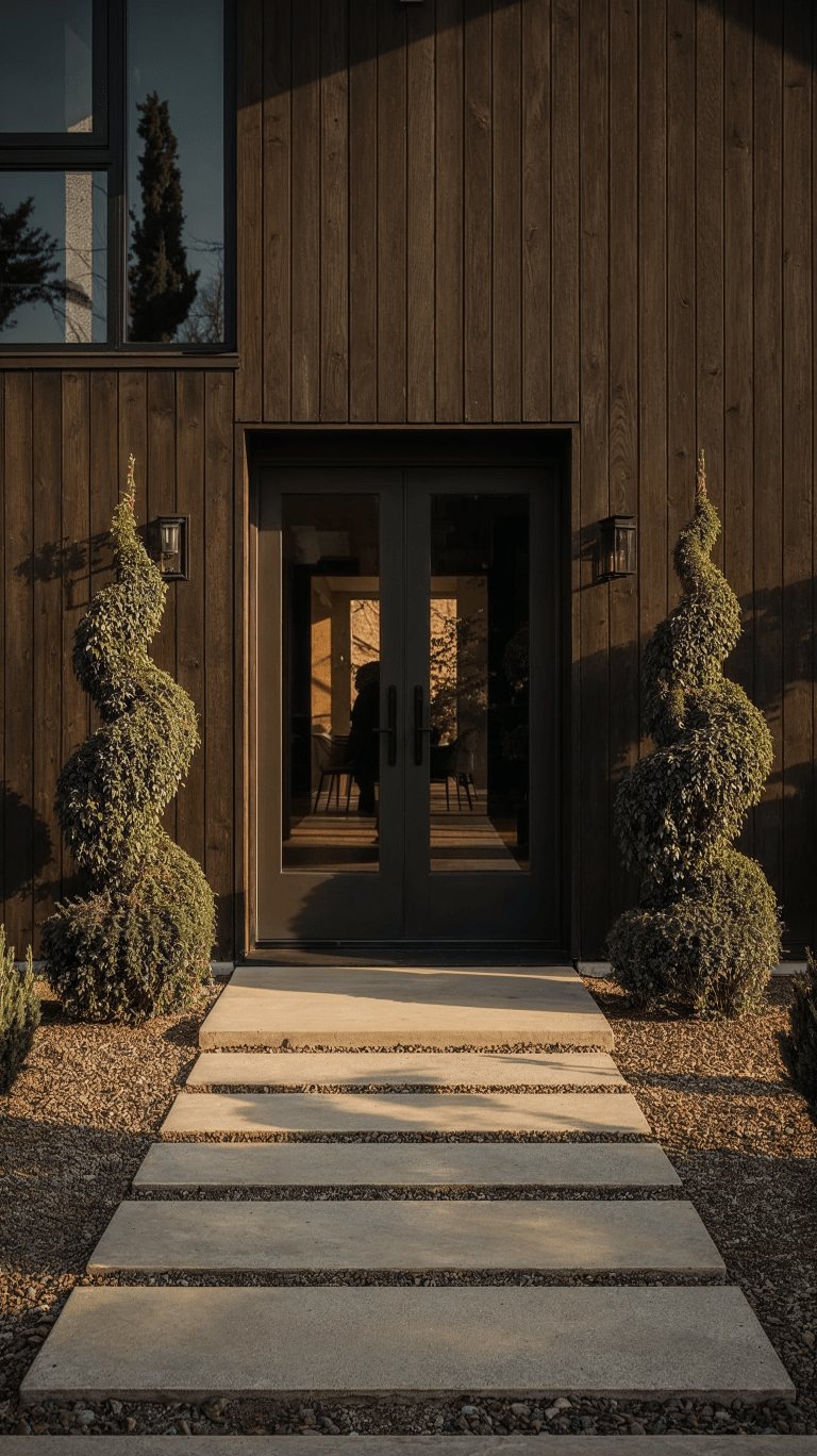 Twin Thuja spirals leading to timber doorway — sculpted greenery meeting minimalist warmth.