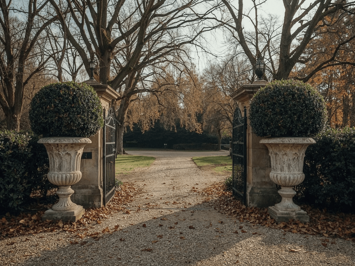 Autumn manor entrance framed by pedestal topiary balls flanking an open iron gate leading onto a gravel path.