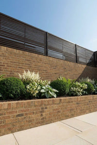 Showcase · Angled view of the shaded woodland border running the length of the brick wall
