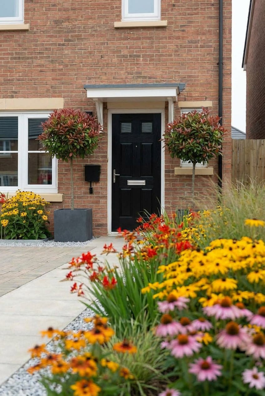 Showcase · Photinia lollipop standards with red new growth either side of a black door, hot-coloured border below