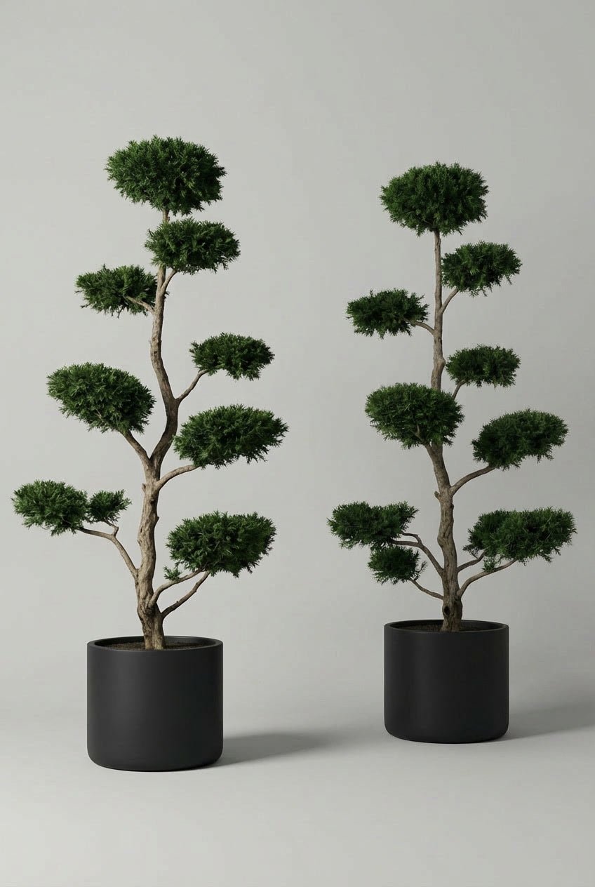 A hand-matched pair of English yew (Taxus baccata) bonsai topiary trees, sculpted into elegant cloud forms with dense evergreen foliage, set in matte black pots against a soft neutral studio background.